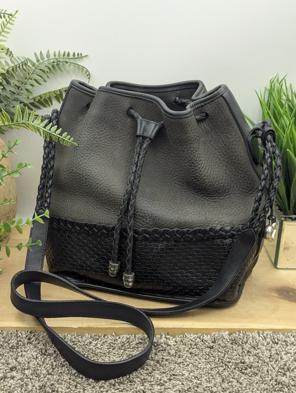 Brighton Woven Leather Drawstring Bucket Purse Casual Bag
